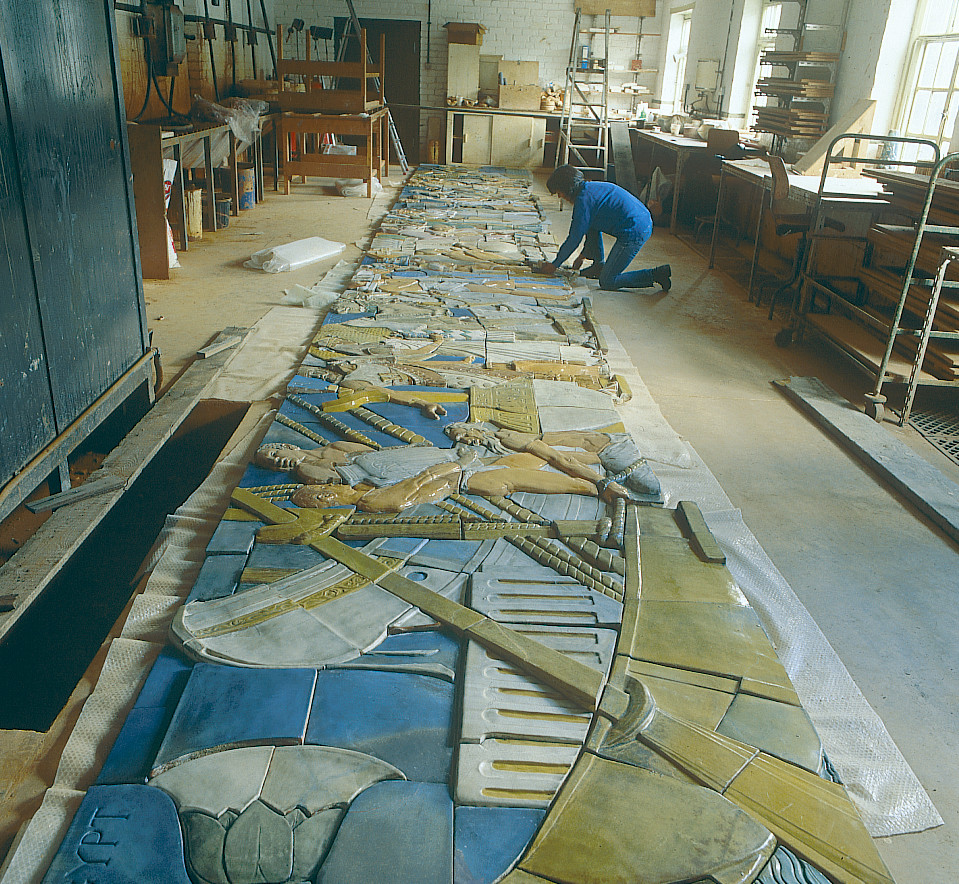 The Pottery through the Ages frieze during conservation at Ironbridge Gorge Museum, Shropshire